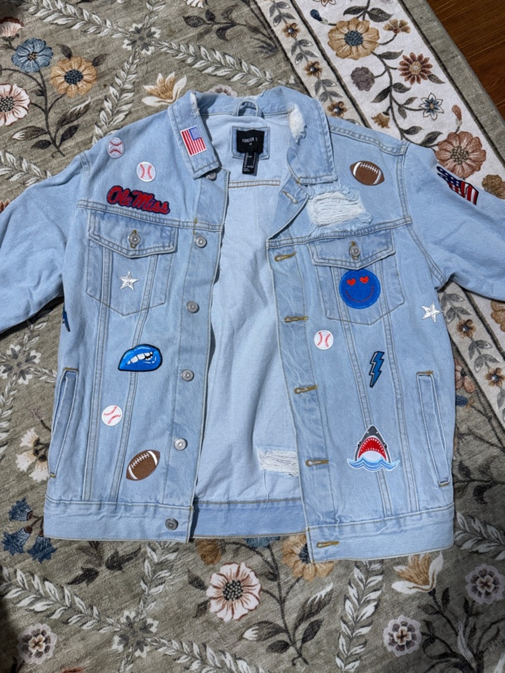 Forever 21 Light Blue Denim Jacket with Sporty & Graphic Patches